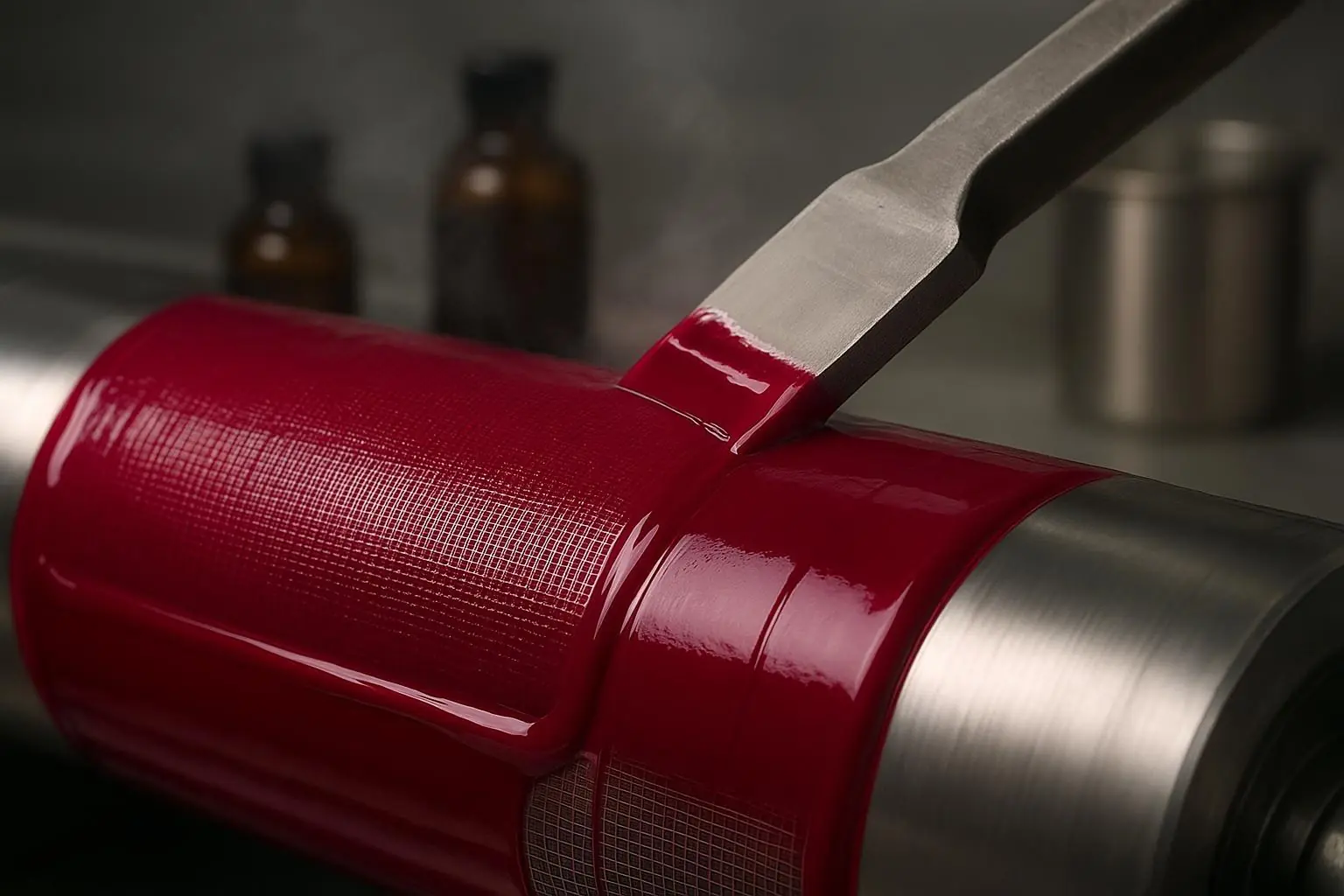 Macro view of rubine-red solvent gravure ink doctor-bladed on a chrome cylinder, showing glossy film and engraved cells.