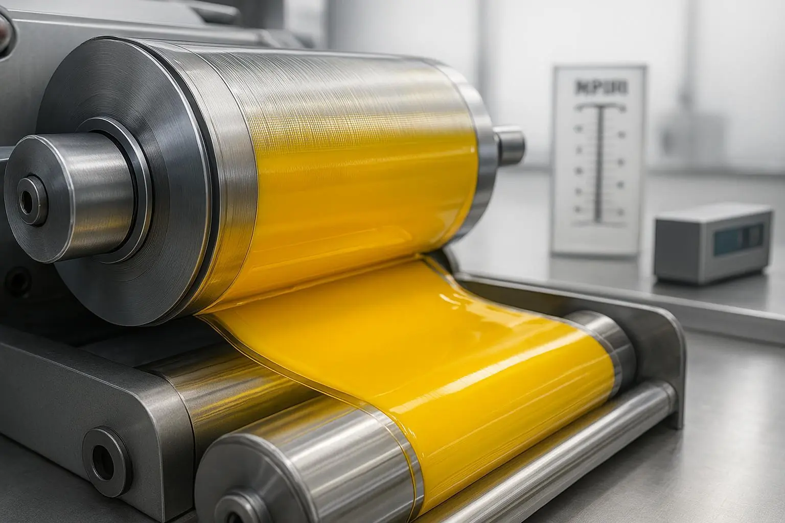 Gravure/flexo press applying glossy yellow ink on OPP film with cylinder close-up