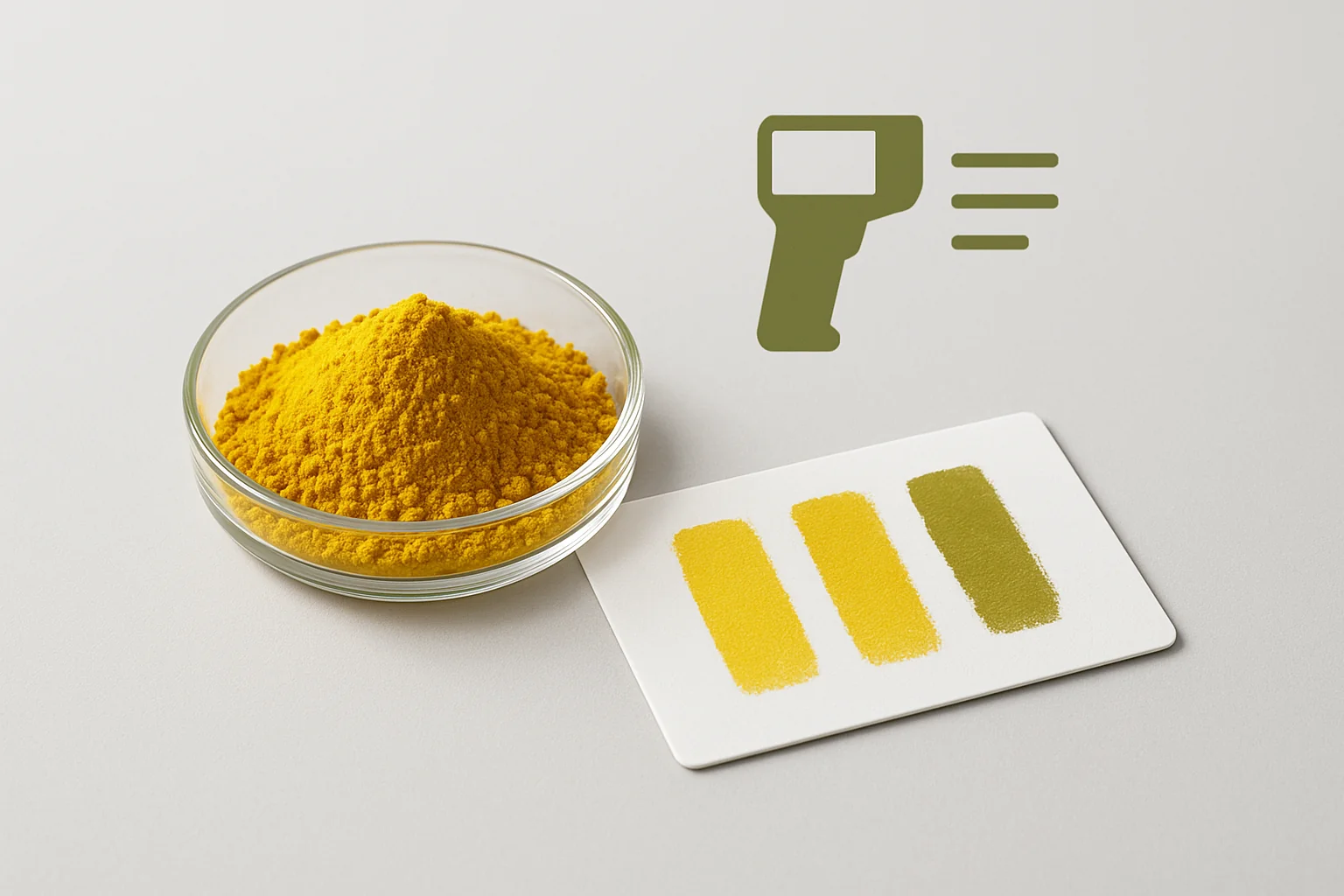 Lab sample of Pigment Yellow 151 powder with color swatches for industrial coatings and plastics qualification