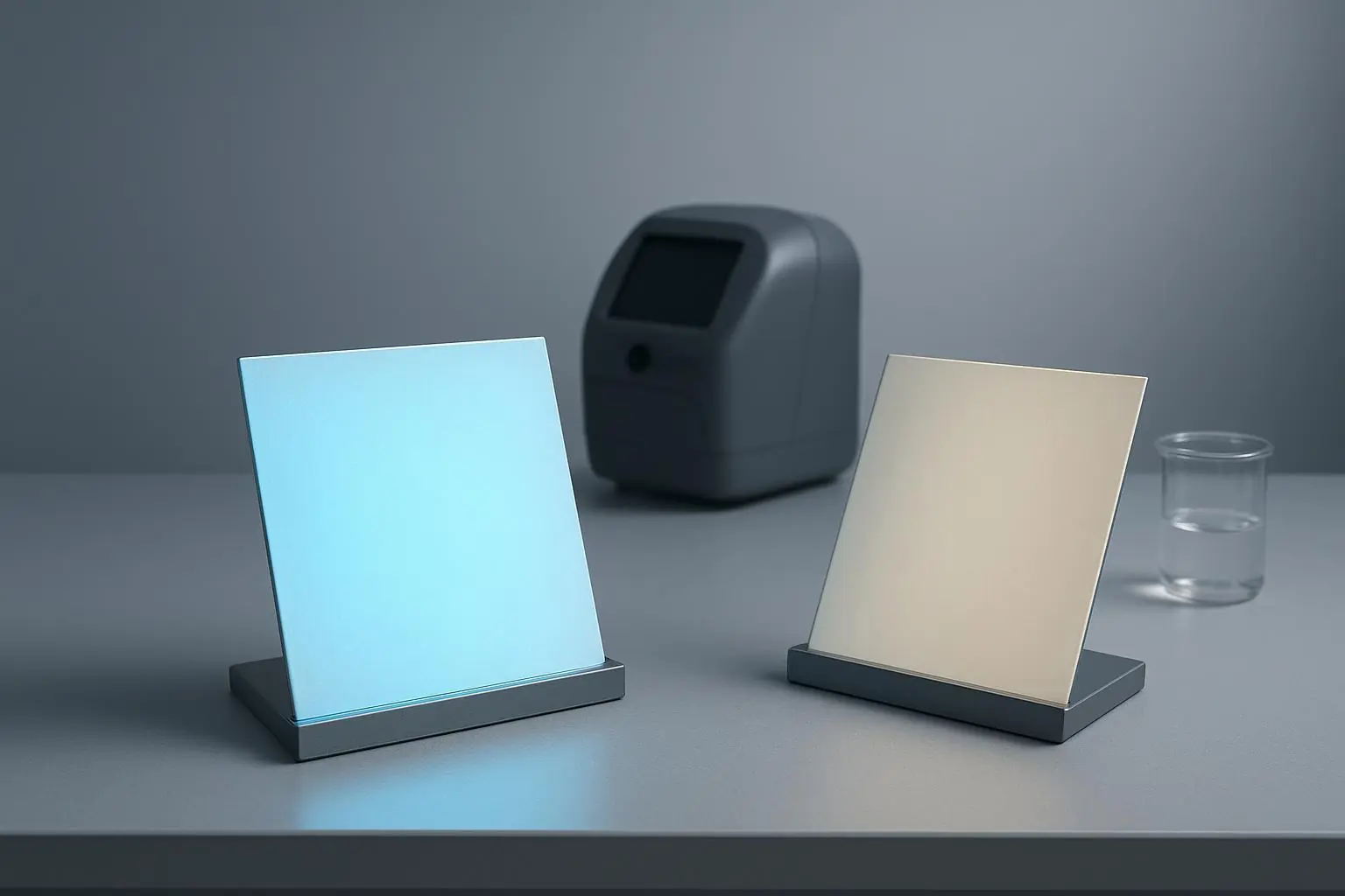 White coated panels under UV showing blue fluorescence from Optical Brightener OB compared to a yellow-tinted control panel in a lab setup