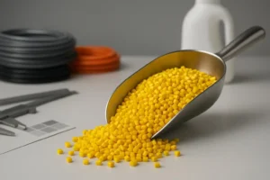 Yellow plastic pellets with PVC cable samples and an HDPE bottle on a lab bench