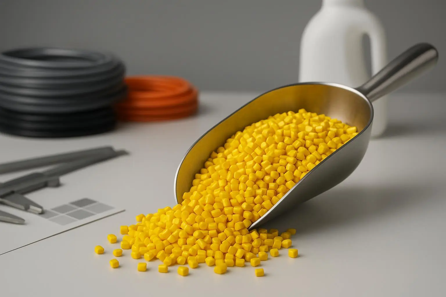 Yellow plastic pellets with PVC cable samples and an HDPE bottle on a lab bench
