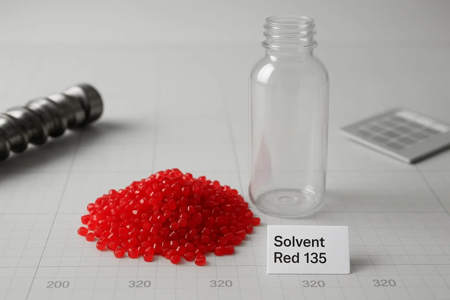 Transparent red plastic pellets with PET preform labeled Solvent Red 135 on a lab workbench