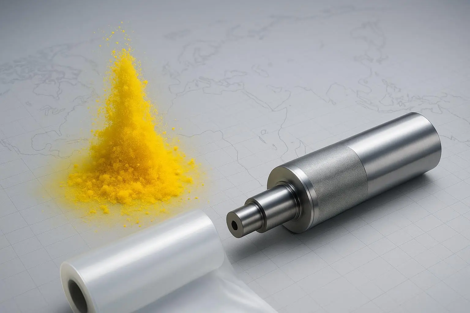 Yellow pigment dispersing in water beside PE film roll and flexographic cylinder with Southeast Asia map silhouette in the background