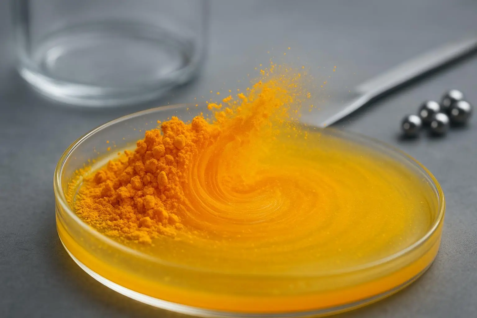 Opaque yellow-orange pigment dispersing into resin in a lab beaker, macro view