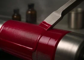 Macro view of rubine-red solvent gravure ink doctor-bladed on a chrome cylinder, showing glossy film and engraved cells.