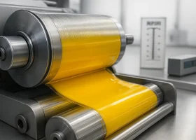 Gravure/flexo press applying glossy yellow ink on OPP film with cylinder close-up