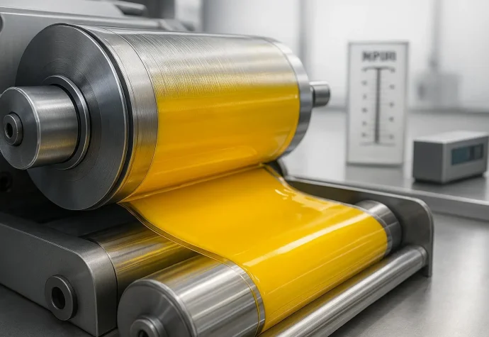 Gravure/flexo press applying glossy yellow ink on OPP film with cylinder close-up