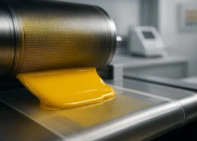 Macro of diarylide yellow ink transfer on a gravure cylinder with QC tools in lab background