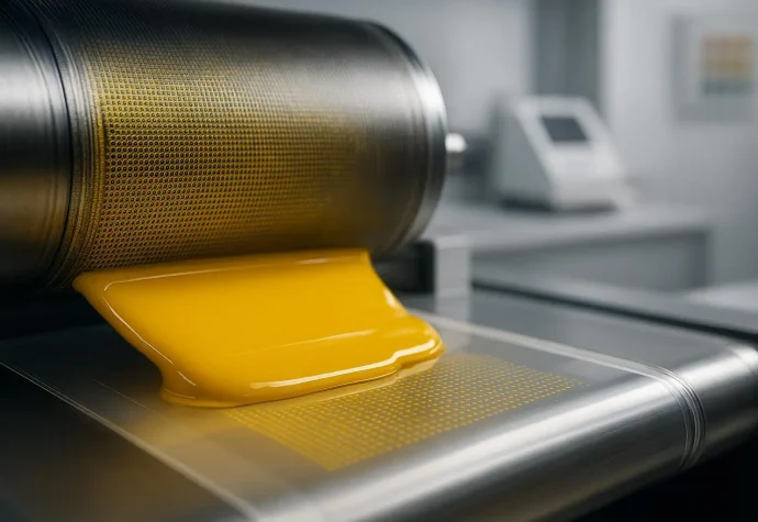 Macro of diarylide yellow ink transfer on a gravure cylinder with QC tools in lab background