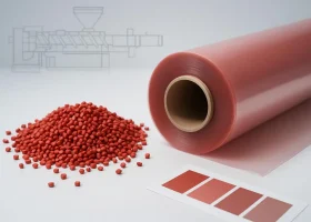 Red polymer pellets and tinted PE/PP film roll on a lab bench representing Pigment Red 53:1 for plastics
