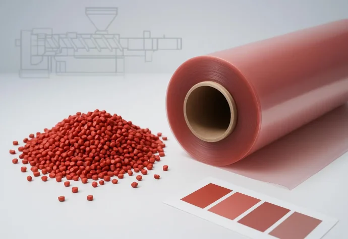 Red polymer pellets and tinted PE/PP film roll on a lab bench representing Pigment Red 53:1 for plastics