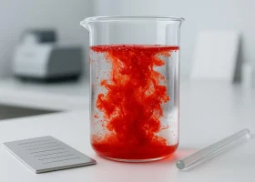 Macro photo of Pigment Red 112 dispersing into a water-based acrylic medium in a lab beaker