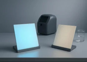 White coated panels under UV showing blue fluorescence from Optical Brightener OB compared to a yellow-tinted control panel in a lab setup