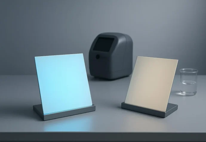 White coated panels under UV showing blue fluorescence from Optical Brightener OB compared to a yellow-tinted control panel in a lab setup