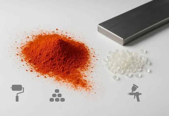 Macro of red-shade yellow pigment powder with resin chips and a drawdown bar, representing PY83 applications in inks, plastics, and coatings.