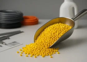 Yellow plastic pellets with PVC cable samples and an HDPE bottle on a lab bench