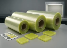 Cover image: PP/PE film rolls and PP plaques in a green-shade yellow representing Pigment Yellow 14 in a lab setting