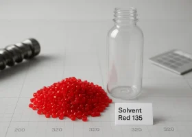 Transparent red plastic pellets with PET preform labeled Solvent Red 135 on a lab workbench