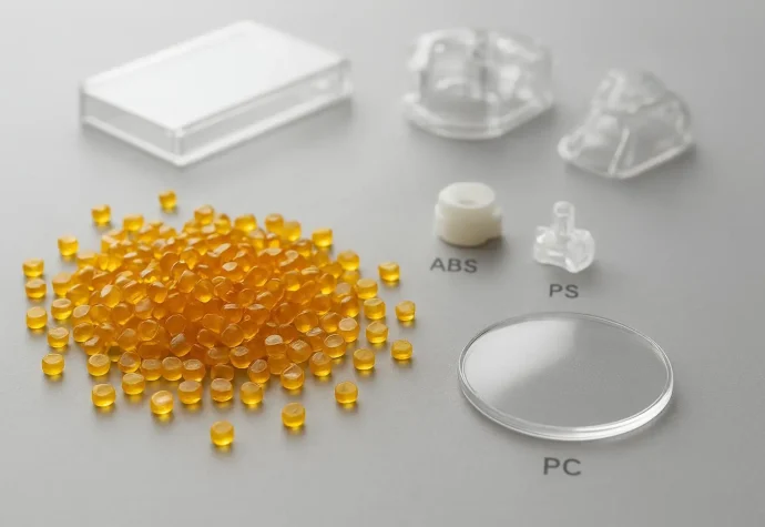 Transparent yellow-tinted polymer pellets with labeled PC, PMMA, ABS, and PS parts on a lab bench