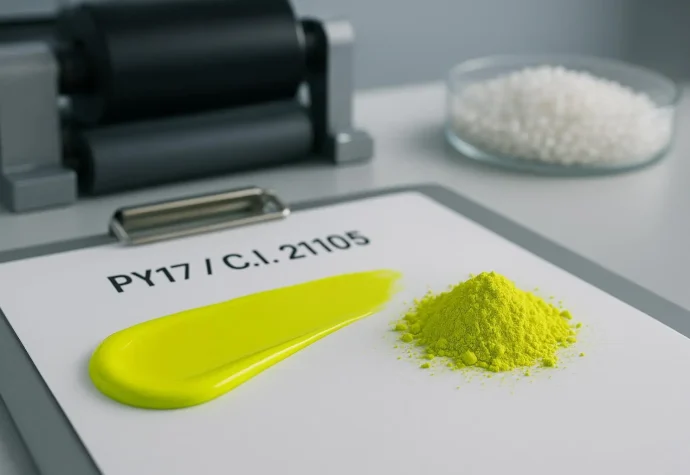 Cover image for Ultimate Guide to Pigment Yellow 17 (C.I. 21105) showing green-shade yellow pigment for inks and plastics