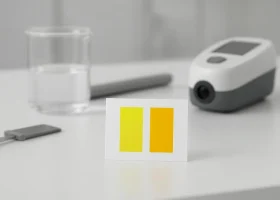 Lab drawdown card comparing transparent and opaque yellow stripes for Pigment Yellow 74 with applicator and colorimeter on a white bench