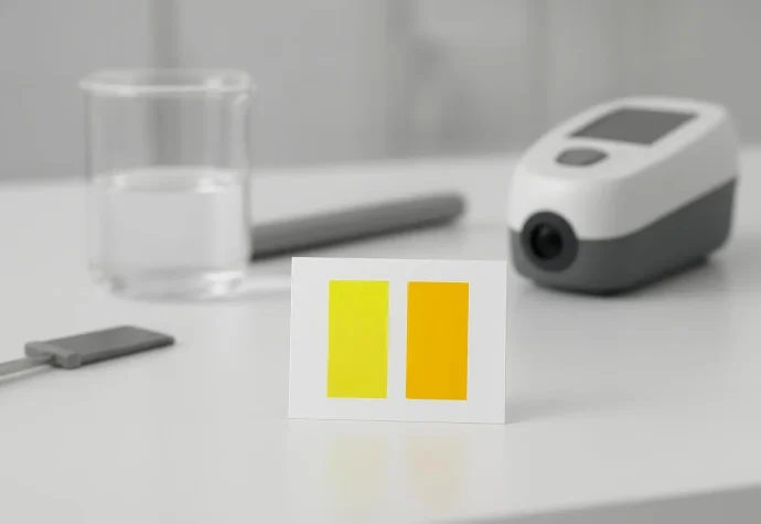 Lab drawdown card comparing transparent and opaque yellow stripes for Pigment Yellow 74 with applicator and colorimeter on a white bench