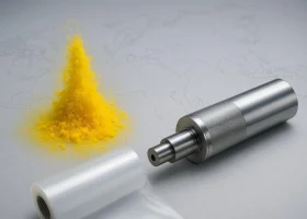 Yellow pigment dispersing in water beside PE film roll and flexographic cylinder with Southeast Asia map silhouette in the background