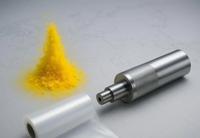 Yellow pigment dispersing in water beside PE film roll and flexographic cylinder with Southeast Asia map silhouette in the background
