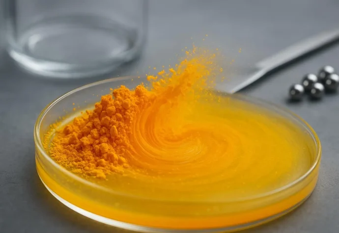 Opaque yellow-orange pigment dispersing into resin in a lab beaker, macro view